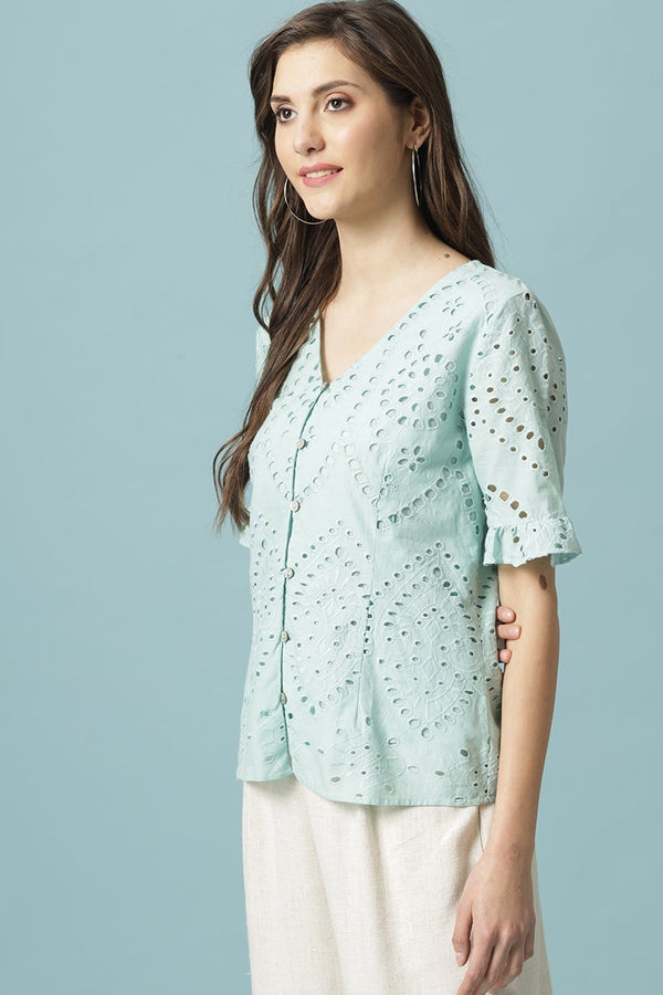 Gipsy Gipsy Sage Medium Length V-Neck Cotton Blouse Turquoise Blue