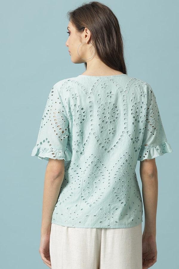 Gipsy Gipsy Sage Medium Length V-Neck Cotton Blouse Turquoise Blue