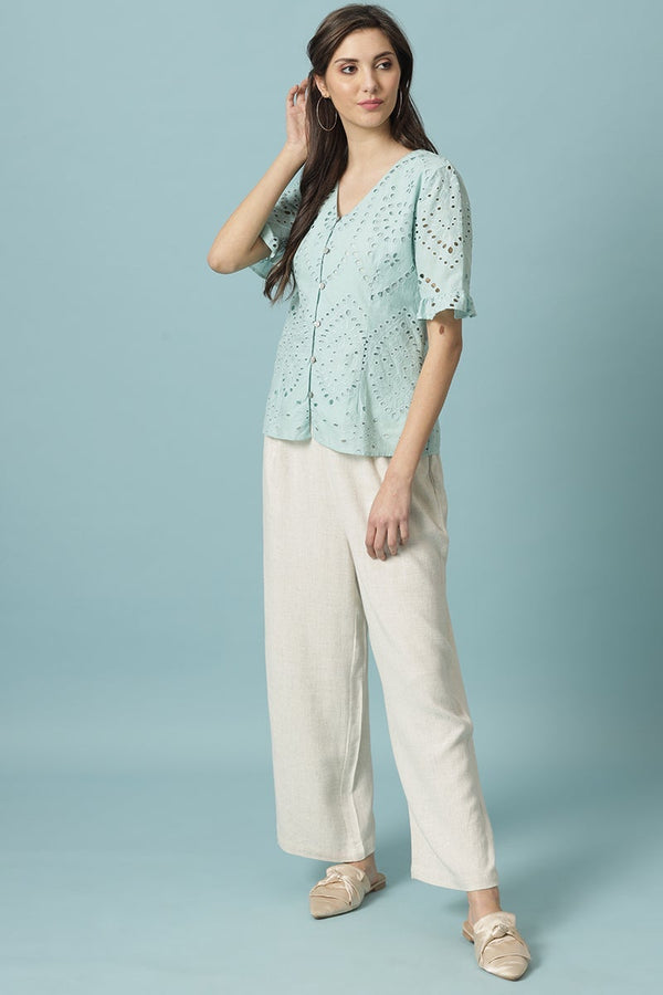 Gipsy Gipsy Sage Medium Length V-Neck Cotton Blouse Turquoise Blue