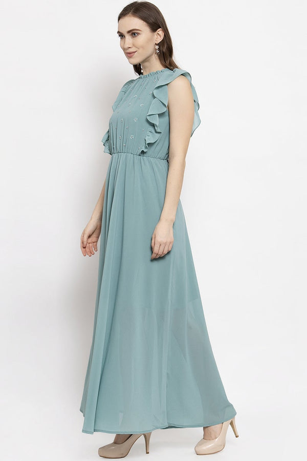 Gipsy Gipsy Sage Midi Length Round Neck Georgette Dress Sage