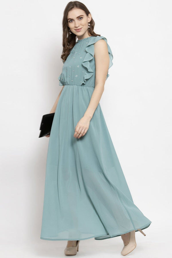 Gipsy Gipsy Sage Midi Length Round Neck Georgette Dress Sage