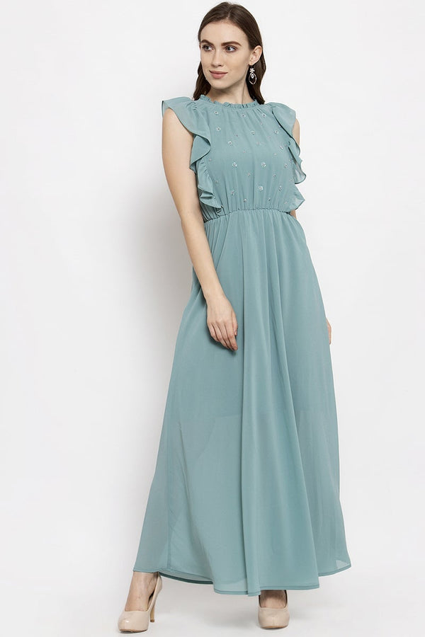 gipsy Gipsy Sage Midi Length Round Neck Georgette Dress Sage