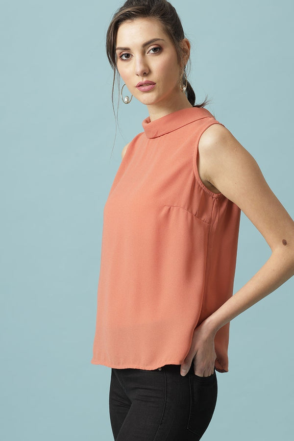 Gipsy Gipsy Salmon Pink Medium Length Choker Neck Polyester Blouse Salmon Pink