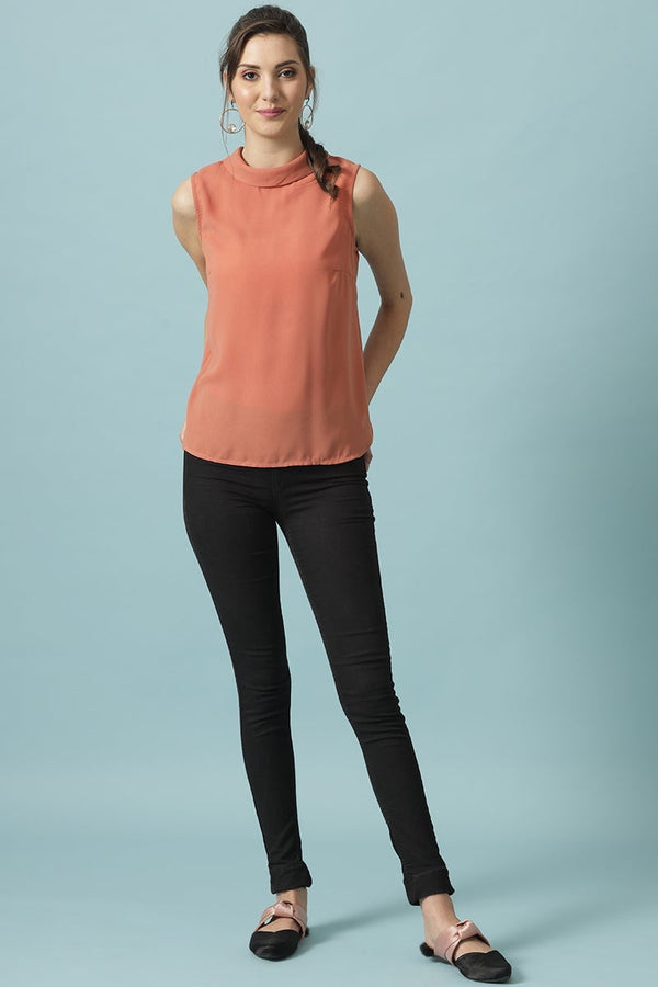 Gipsy Gipsy Salmon Pink Medium Length Choker Neck Polyester Blouse Salmon Pink