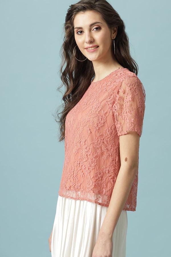 Gipsy Gipsy Salmon Pink Medium Length Round Neck Polyester Blouse Salmon Pink