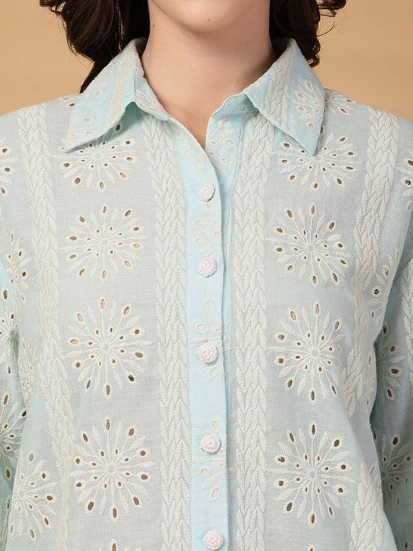 Gipsy Gipsy Sea Blue Embroidered Schiffli Cotton Shirt