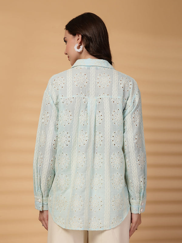 Gipsy Gipsy Sea Blue Embroidered Schiffli Cotton Shirt