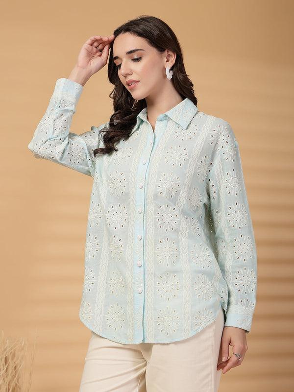 Gipsy Gipsy Sea Blue Embroidered Schiffli Cotton Shirt