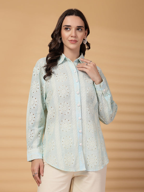 gipsy Gipsy Sea Blue Embroidered Schiffli Cotton Shirt