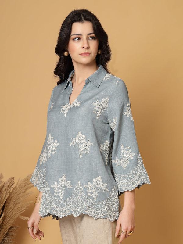 Gipsy Gipsy Sky Blue Cutwork Embroidered Cotton Tunic