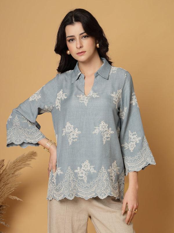 gipsy Gipsy Sky Blue Cutwork Embroidered Cotton Tunic