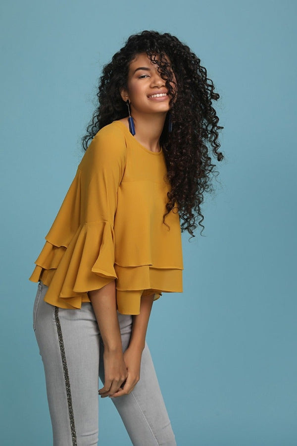 Gipsy Solid Mustard Round Neck Top Mustard
