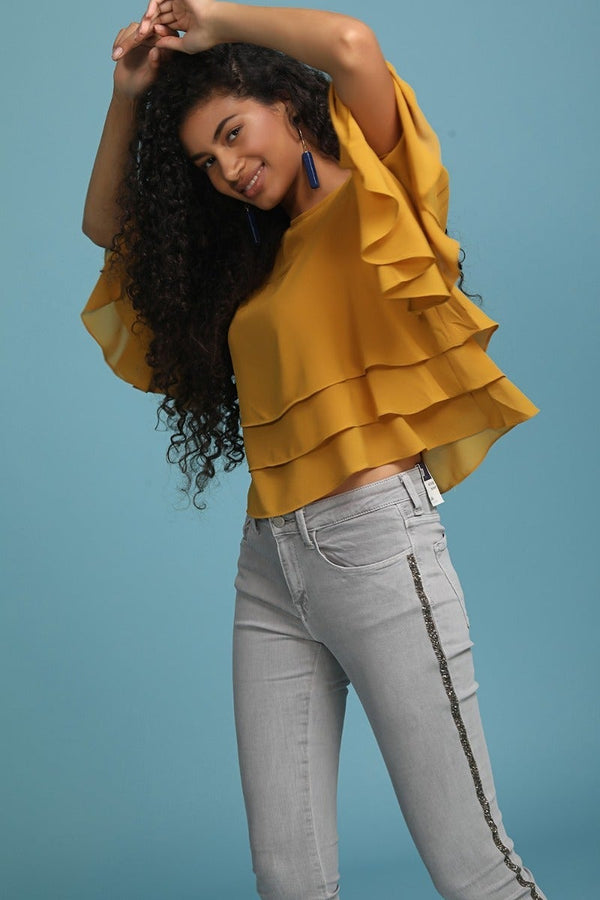 Gipsy Solid Mustard Round Neck Top Mustard