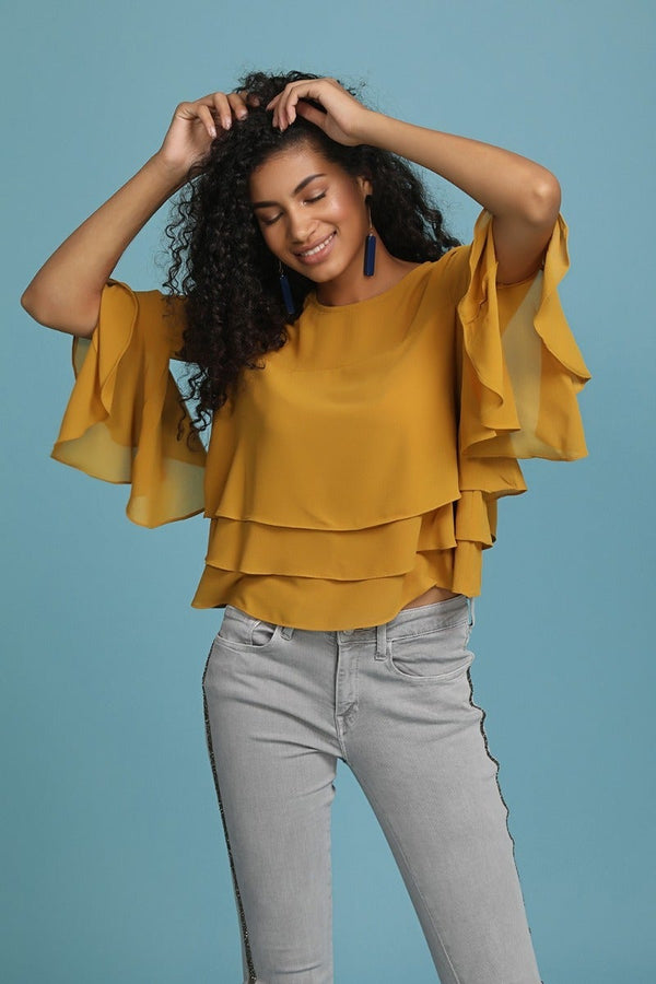 gipsy Solid Mustard Round Neck top Mustard