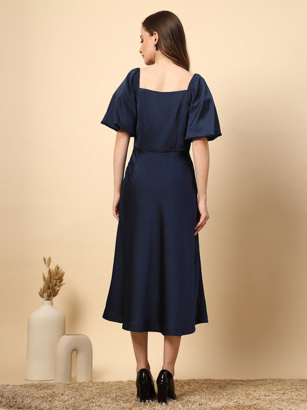 Gipsy Solid Navy Dress With Flared Design