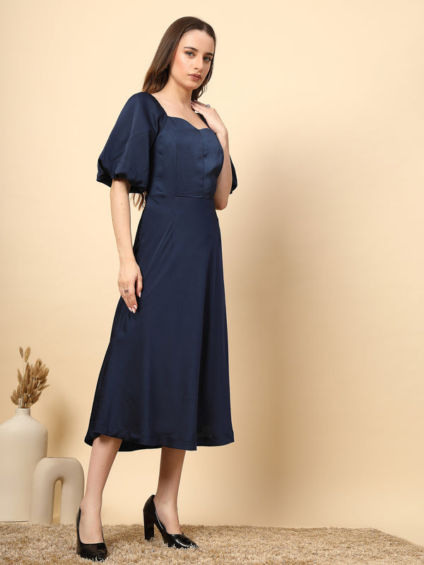 Gipsy Solid Navy Dress With Flared Design