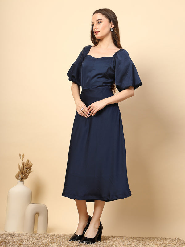 Gipsy Solid Navy Dress With Flared Design