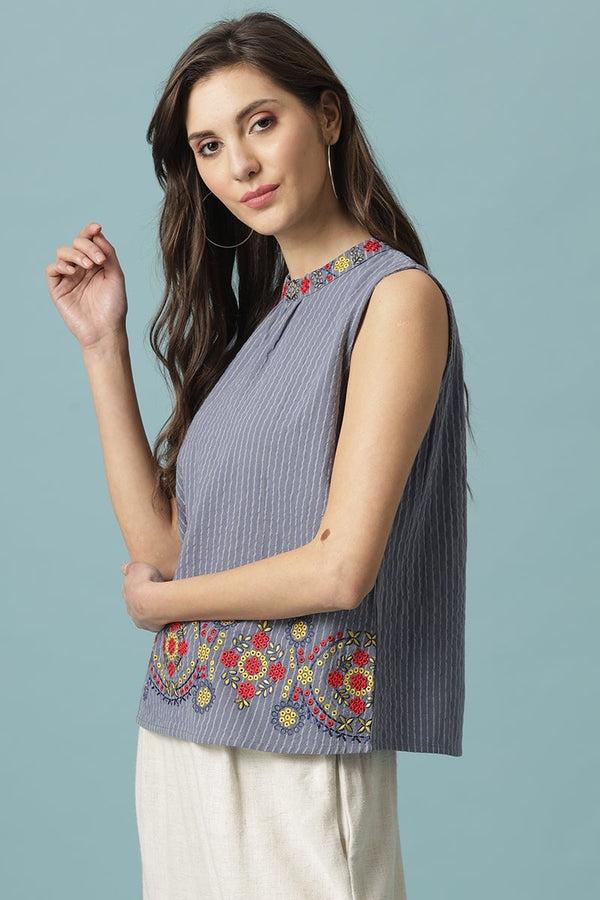 Gipsy Gipsy Steel Blue Medium Length Choker Neck Cotton Blouse Blue