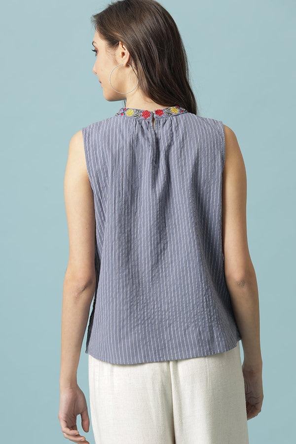 Gipsy Gipsy Steel Blue Medium Length Choker Neck Cotton Blouse Blue