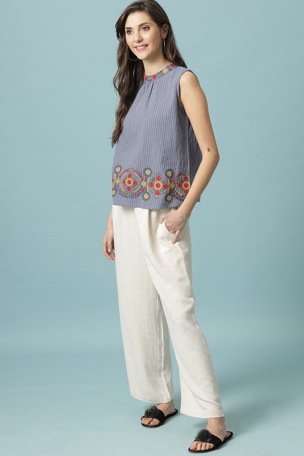 Gipsy Gipsy Steel Blue Medium Length Choker Neck Cotton Blouse Blue