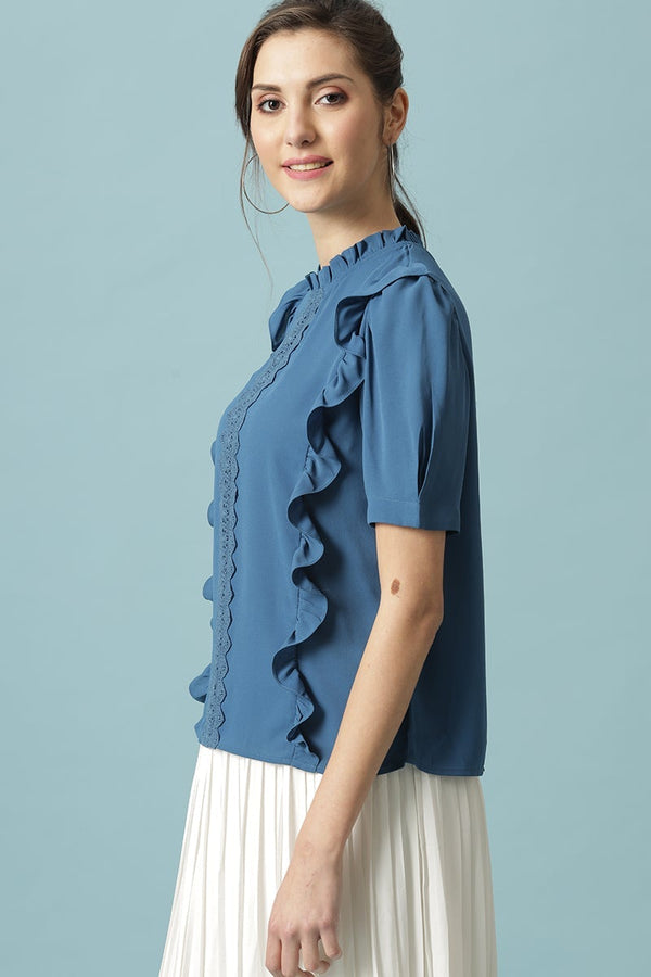 Gipsy Gipsy Steel Blue Medium Length Round Neck Polyester Blouse Steel Blue