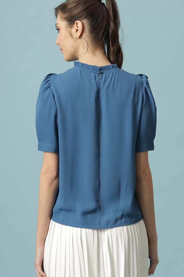 Gipsy Gipsy Steel Blue Medium Length Round Neck Polyester Blouse Steel Blue