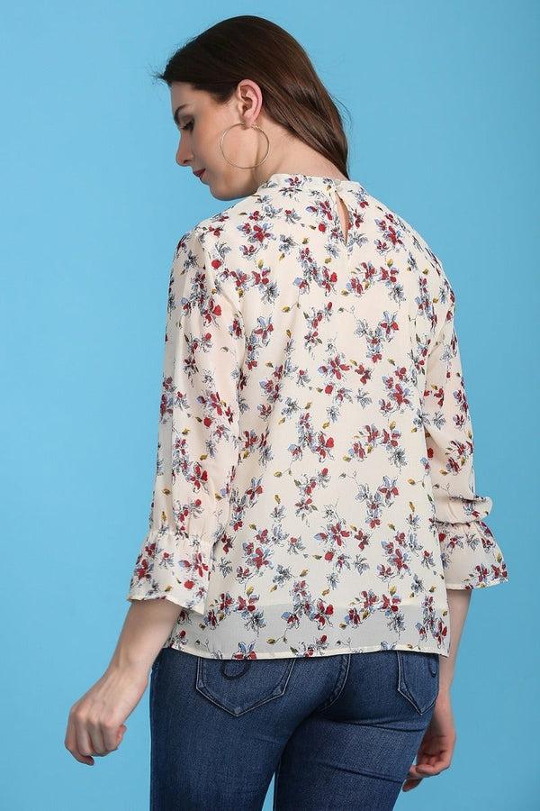 Gipsy Stylish V Neck Floral Top Cream