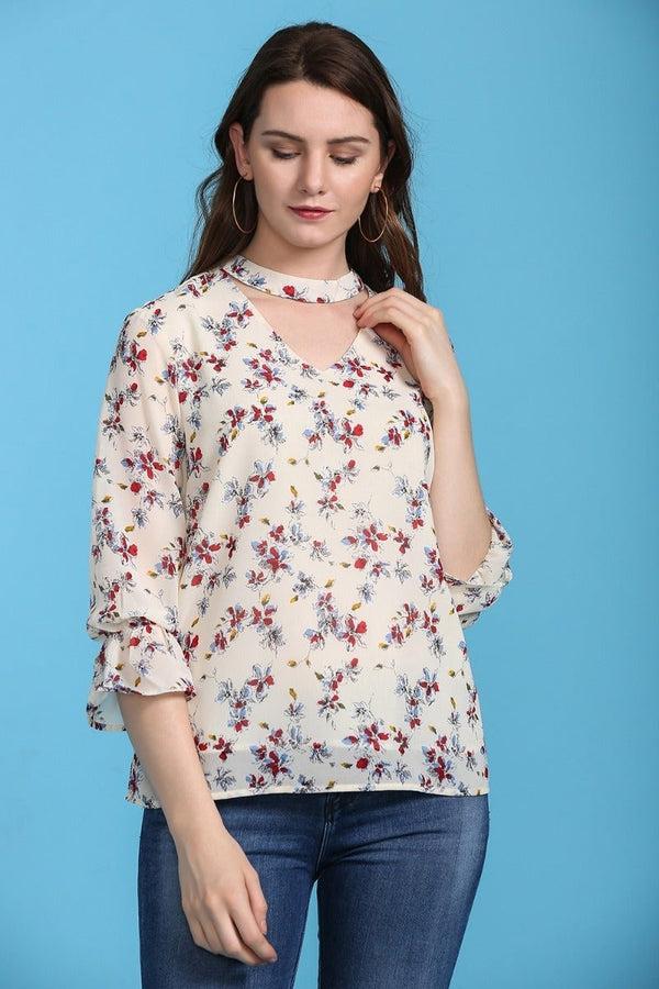 Gipsy Stylish V Neck Floral Top Cream
