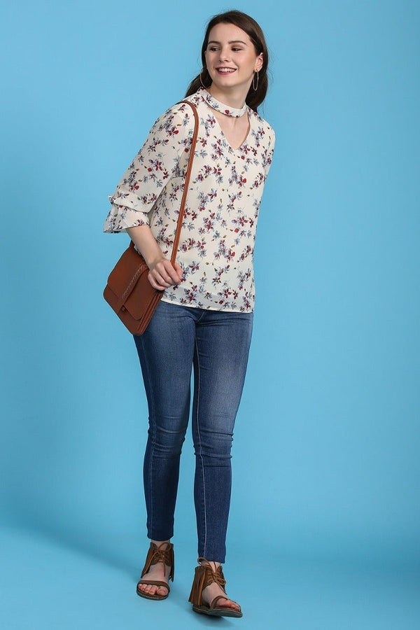 gipsy Stylish V Neck Floral Top Cream