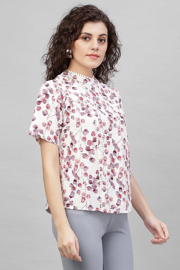 Gipsy Gipsy White Abstract Print Cotton Linen Top White