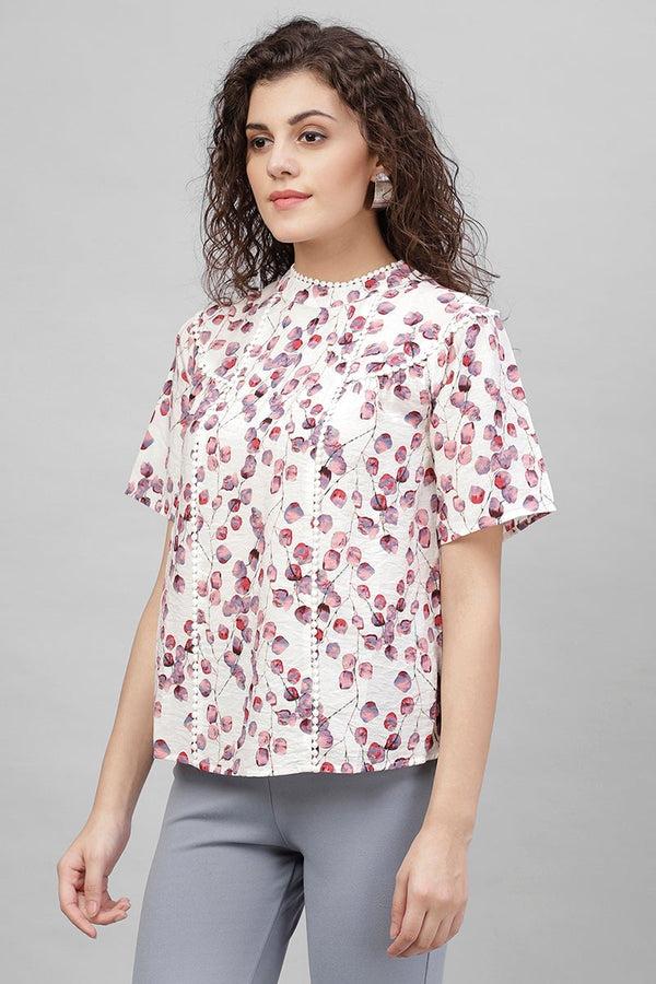 Gipsy Gipsy White Abstract Print Cotton Linen Top White