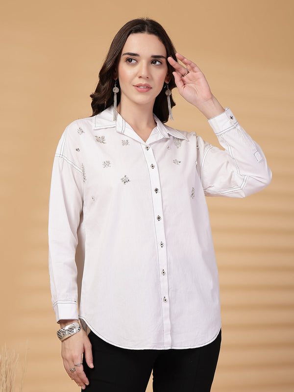 gipsy Gipsy White Rhinestone Embellished Cotton Shirt