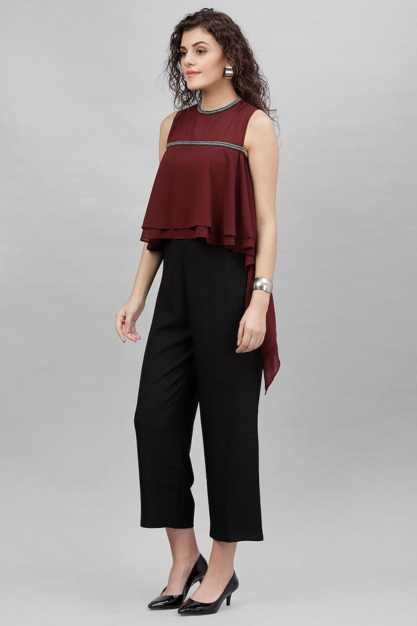 Gipsy Gipsy Wine & Black Solid Georgette Jumpsuit Maroon
