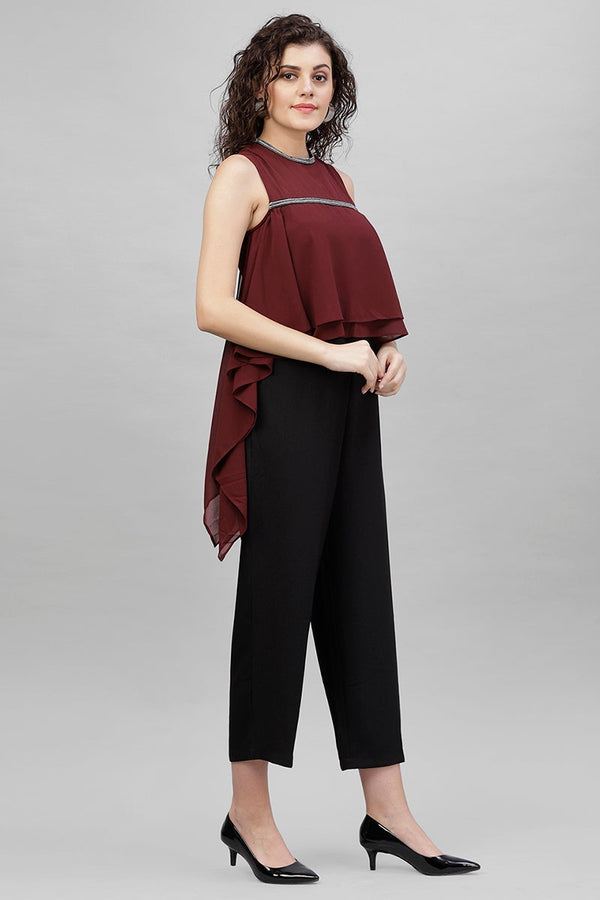 Gipsy Gipsy Wine & Black Solid Georgette Jumpsuit Maroon