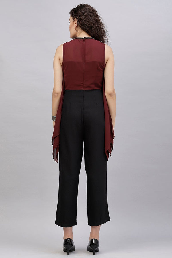 Gipsy Gipsy Wine & Black Solid Georgette Jumpsuit Maroon
