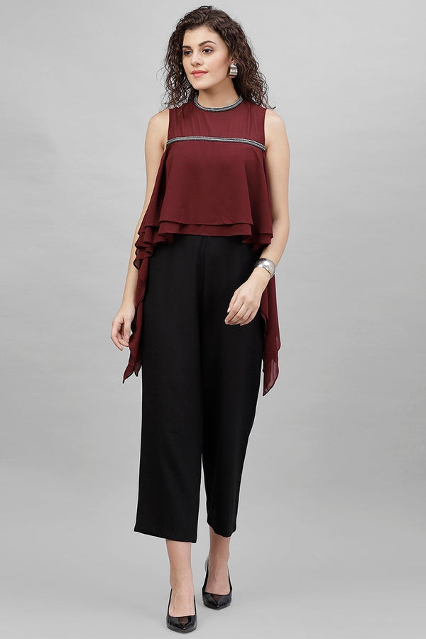 gipsy Gipsy Wine & Black Solid Georgette Jumpsuit Maroon