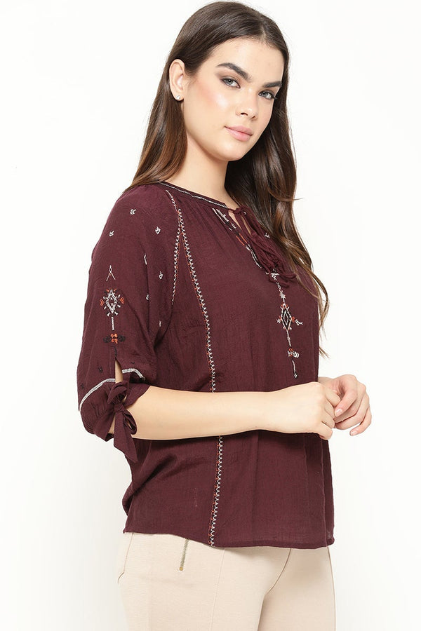 Gipsy Wine Medium Length Tie-Up Linen Tunic Wine