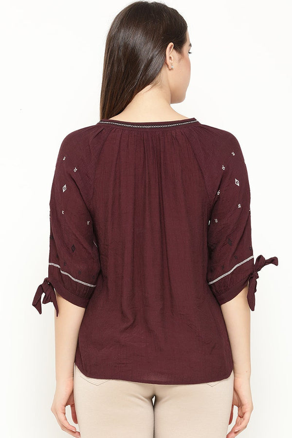 Gipsy Wine Medium Length Tie-Up Linen Tunic Wine