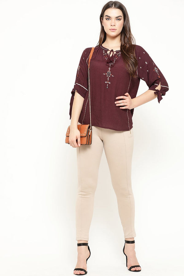 Gipsy Wine Medium Length Tie-Up Linen Tunic Wine