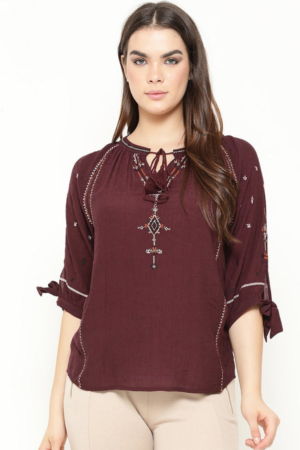 gipsy Wine Medium Length Tie-Up Linen Tunic Wine