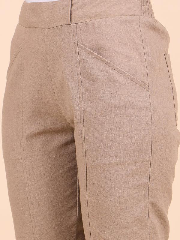 Gipsy Gipsy Woman Bottom Wear Pant Regular Fit Linen Khaki Khaki