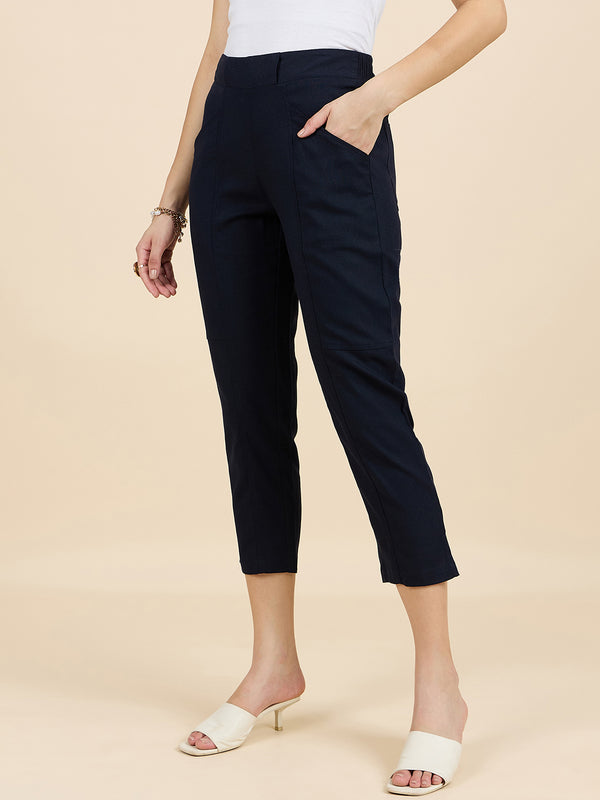 Gipsy Gipsy Woman Bottom Wear Pant Regular Fit Linen Navy Blue