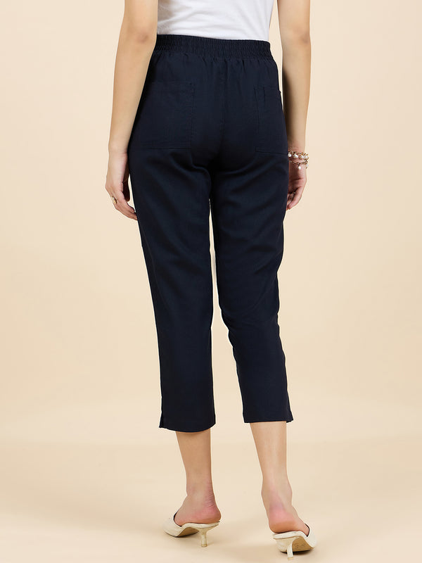Gipsy Gipsy Woman Bottom Wear Pant Regular Fit Linen Navy Blue