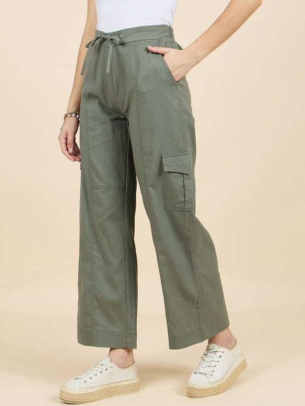 Gipsy Gipsy Woman Bottom Wear Pant Regular Fit Linen Olive Olive
