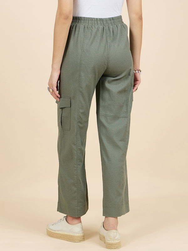 Gipsy Gipsy Woman Bottom Wear Pant Regular Fit Linen Olive Olive