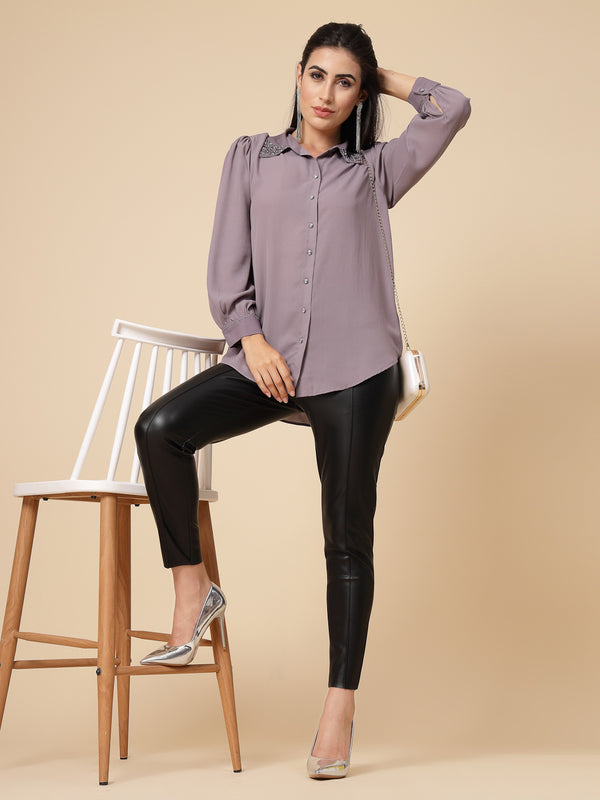Gipsy Gipsy Women Aubergine Solid Georgette Bishop Full Sleeve Collared Embellished Stone Neck Shirt Aubergine