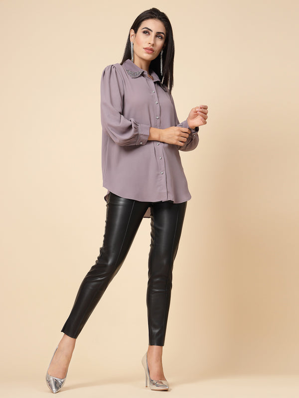 Gipsy Gipsy Women Aubergine Solid Georgette Bishop Full Sleeve Collared Embellished Stone Neck Shirt Aubergine