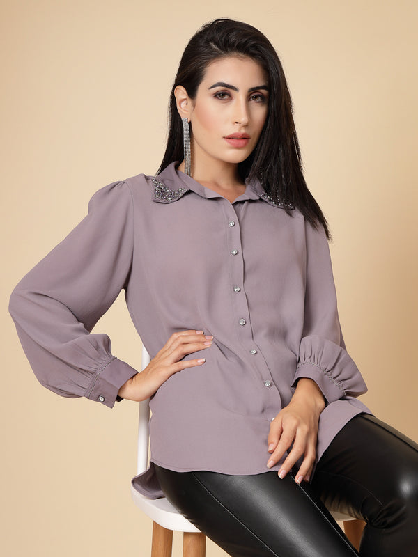 Gipsy Gipsy Women Aubergine Solid Georgette Bishop Full Sleeve Collared Embellished Stone Neck Shirt Aubergine