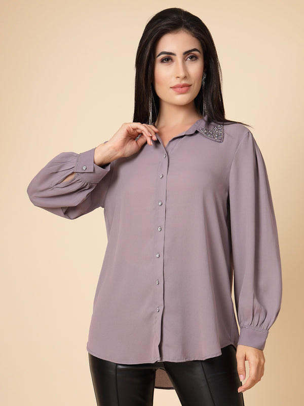 gipsy Gipsy Women Aubergine Solid Georgette Bishop Full Sleeve Collared Embellished stone Neck Shirt Aubergine