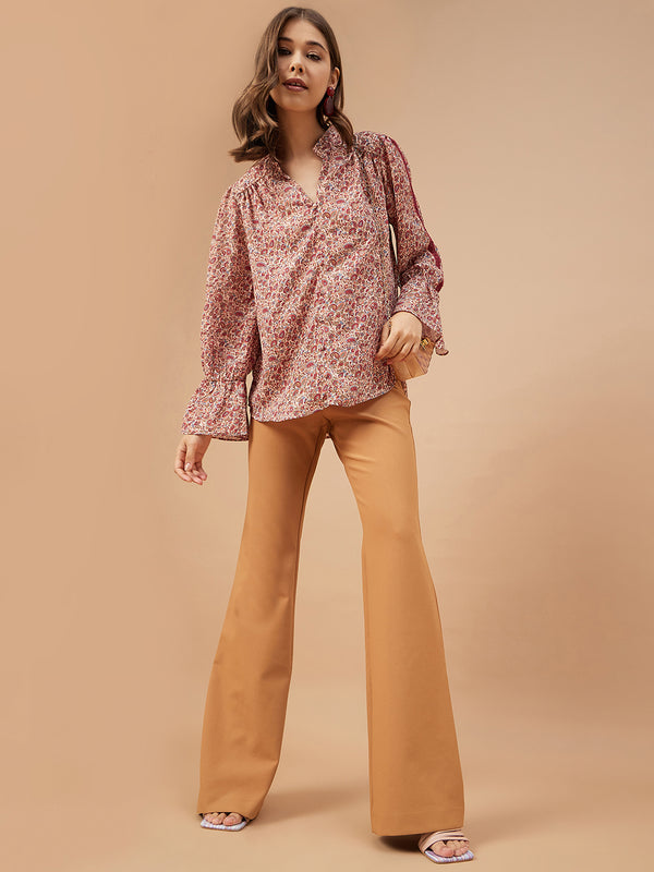 Gipsy Gipsy Women Beige Print Georgette Bishop Sleeve Mandarin Collar Tunic Beige